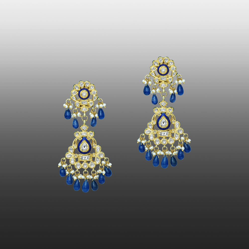 Polki Earrings with Blue Enamel and Ruby Bead Drops